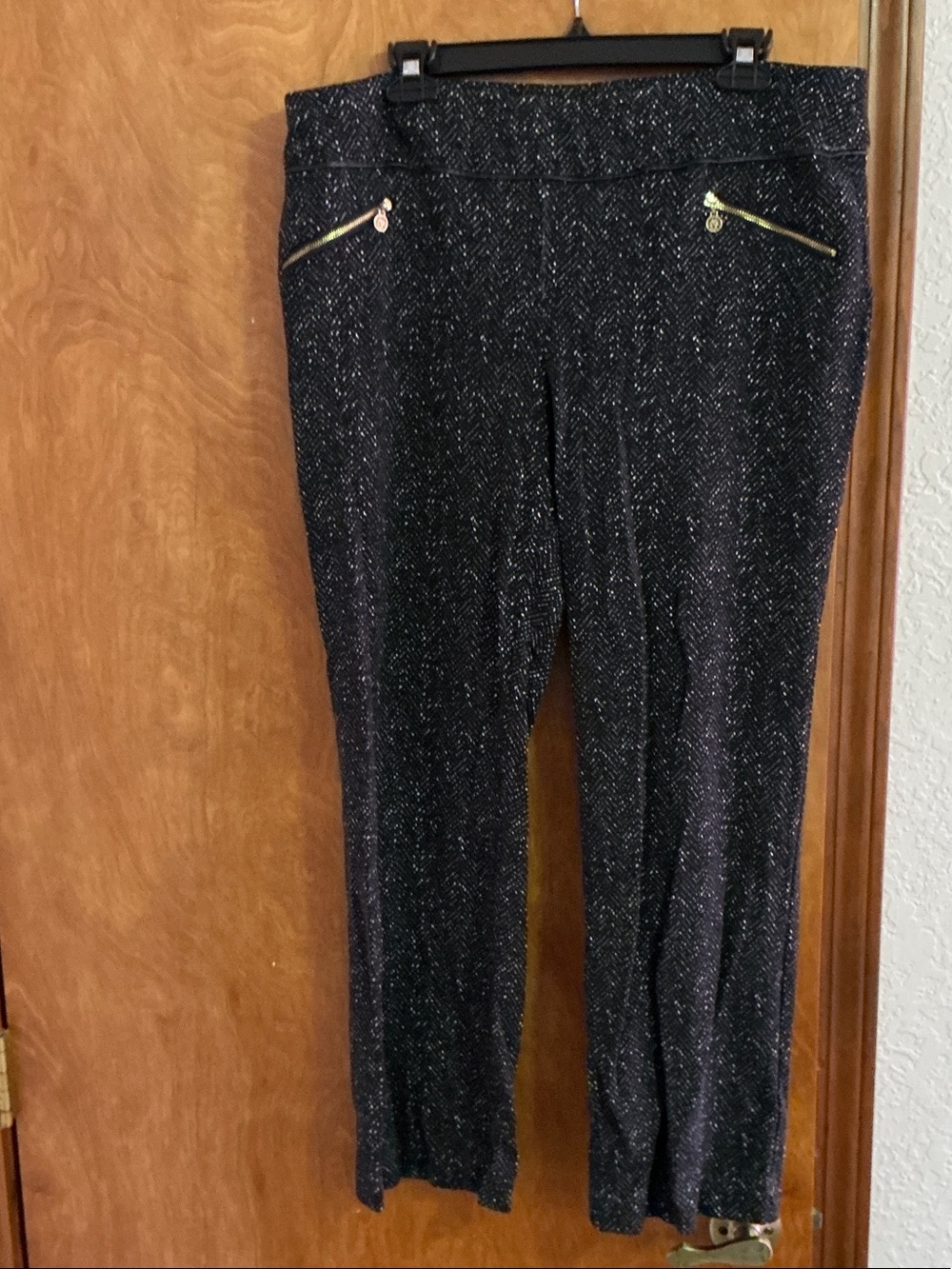 Anne Klein Black Sparkle Straight-Leg Pants with Gold Zippers